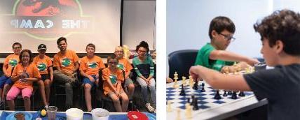A collage of two images of children participating in youth programs. On the left is two children playing chess and on the right is a group of children sitting together who were part of a fossil-themed course